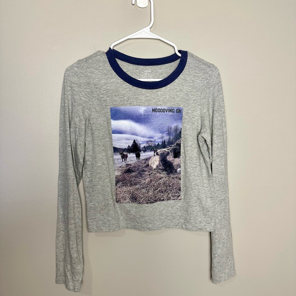 Aerie 100% Cotton “Mooooving On” Cow Graphic Gray Long Sleeve Tee Size M